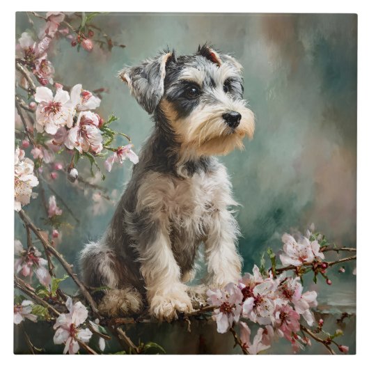 桜の花とシュナウザーの子犬 タイル (正面)