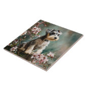桜の花とシュナウザーの子犬 タイル (側面)