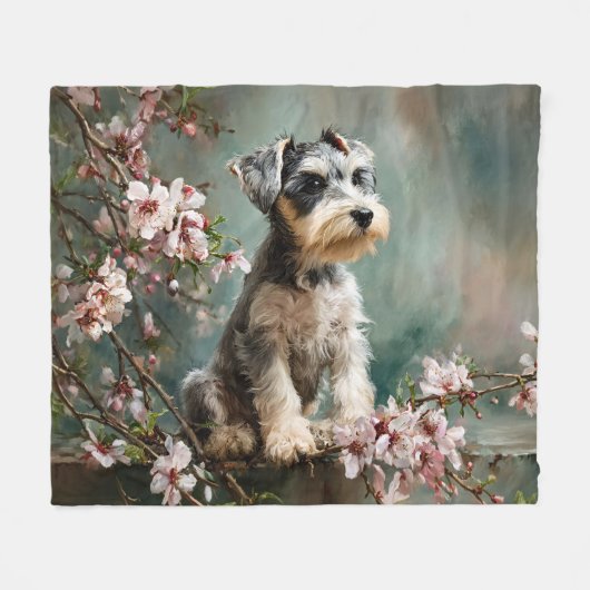 桜の花とシュナウザーの子犬 フリースブランケット (正面(横))