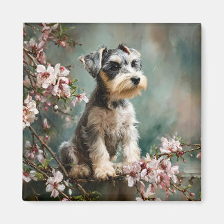 桜の花とシュナウザーの子犬 マグネット