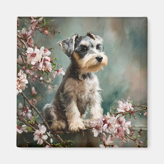 桜の花とシュナウザーの子犬 マグネット (正面)