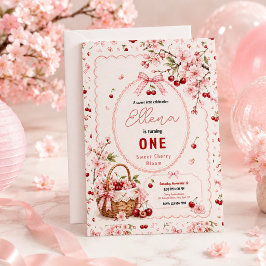 桜の花とチェリーの1歳の誕生日女の子のパーティー 招待状