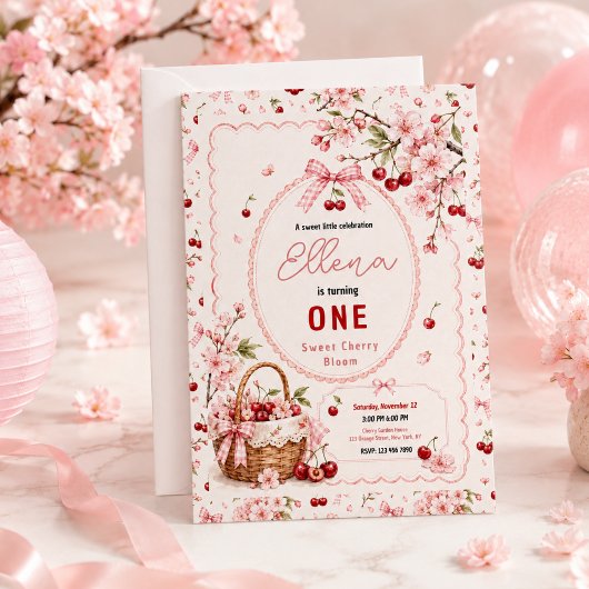 桜の花とチェリーの1歳の誕生日女の子のパーティー 招待状