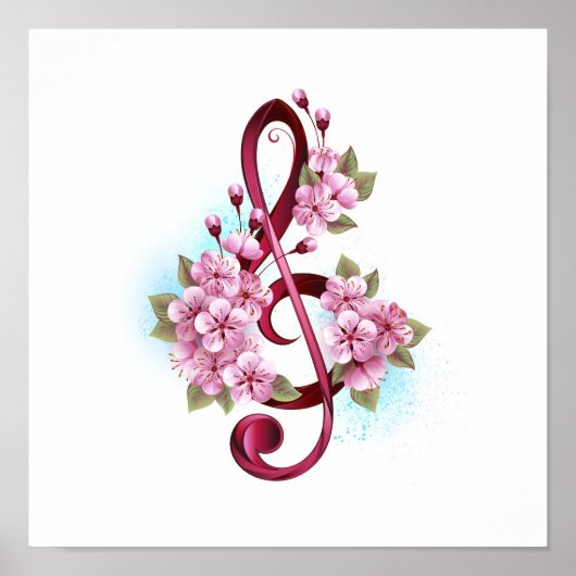 桜の花とト音記号の音符 ポスター (正面)