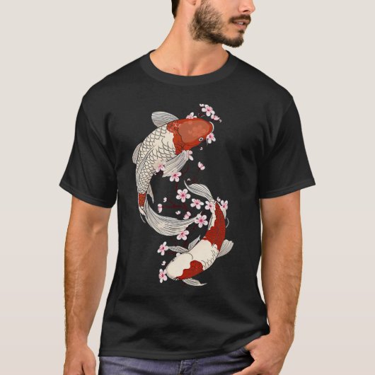 桜の花と日本の鯉の魚の芸術 Tシャツ (正面)