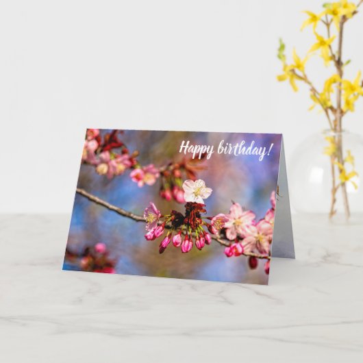 桜の花と晴れた日の紫の芽 カード (黄色い花)