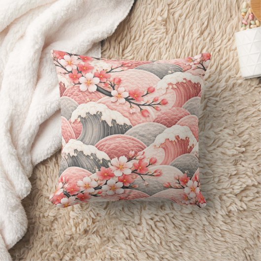 桜の花と波の模様のピンクコーラル クッション (ブランケット)