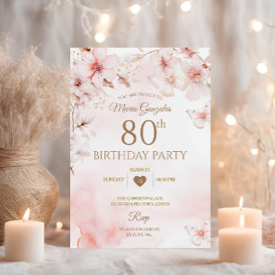 桜の花と蝶の花柄 80歳の誕生日 招待状