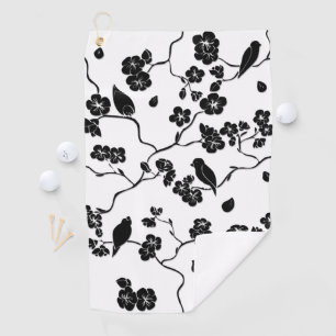 桜の花に黒と白のパターンの鳥 ゴルフタオル