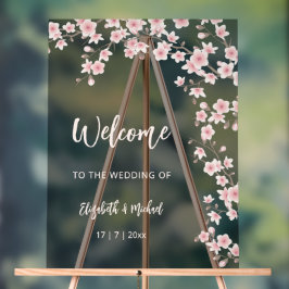 桜の花のピンクとブラックの結婚式 アクリルサイン