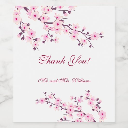 桜の花のピンクと白のウェディングカスタム感謝 ワインラベル (シングルラベル)