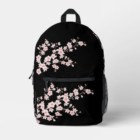 桜の花のピンクと黒のネーム プリントバックパック (正面)