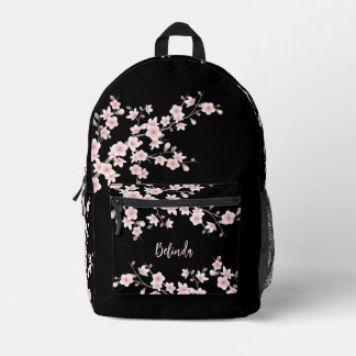 桜の花のピンクと黒のモノグラム プリントバックパック
