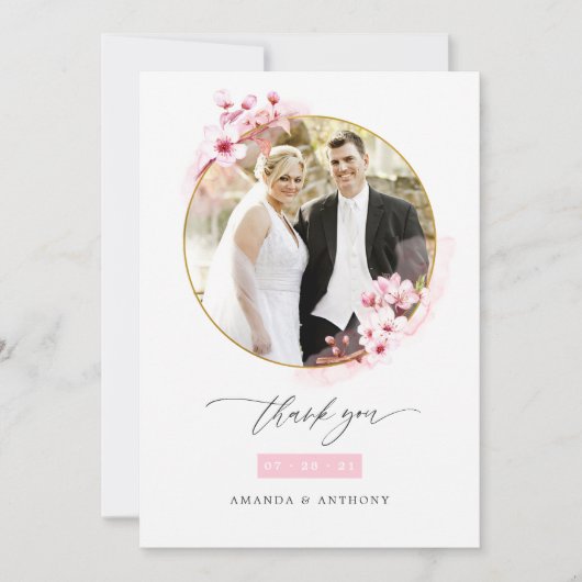 桜の花のピンクの春の結婚式フォト サンキューカード (正面)