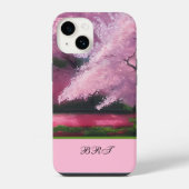 桜の花のピンクの雲とイニシャル iPhoneケース (裏面)