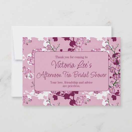 桜の花のブライダルシャワー | エレガントなピンクの花 サンキューカード (裏面)