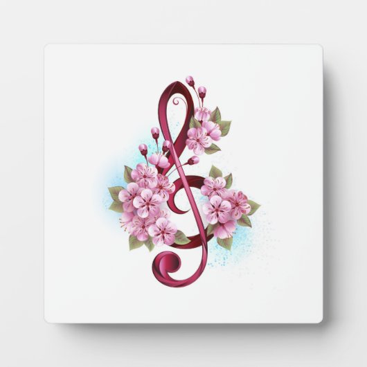 桜の花の付いた音楽のト音記号の音符 フォトプラーク (正面)