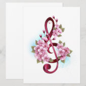 桜の花の付いた音楽のト音記号の音符 招待状 (正面/裏面)
