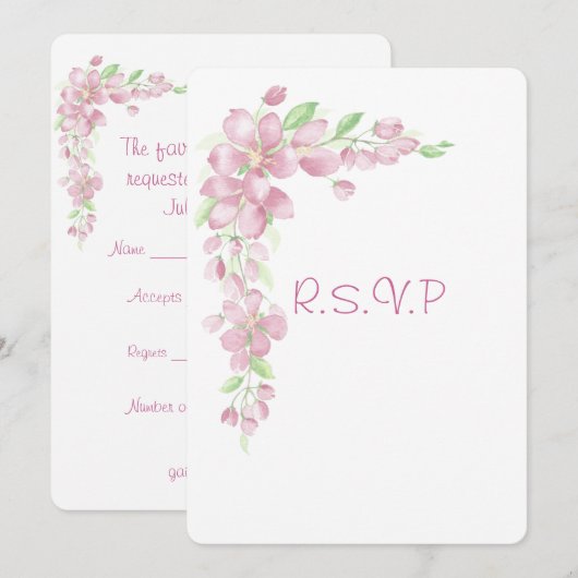 桜の花の庭の田舎風フラワーウェディングRSVP 招待状 (正面/裏面)