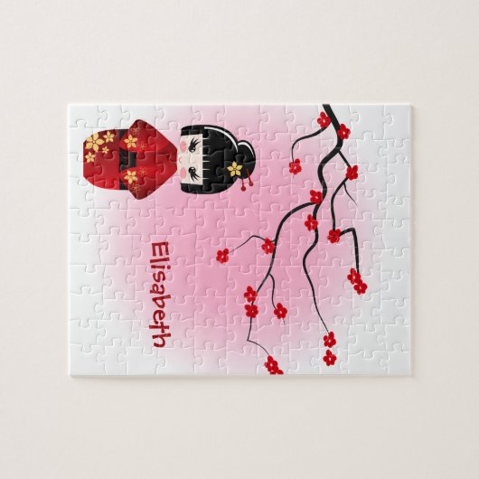 桜の花の日本のなkokeshiの人形 ジグソーパズル (横)