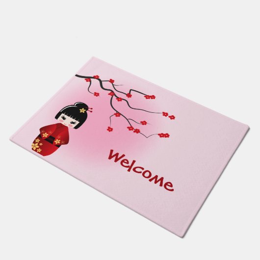 桜の花の日本のなkokeshiの人形 ドアマット (アングル)