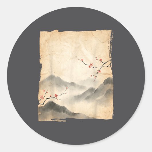 桜の花の枝 日本画 水墨画 アート ラウンドシール (正面)