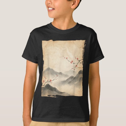 桜の花の枝 日本画 水墨画 アート Tシャツ (正面)