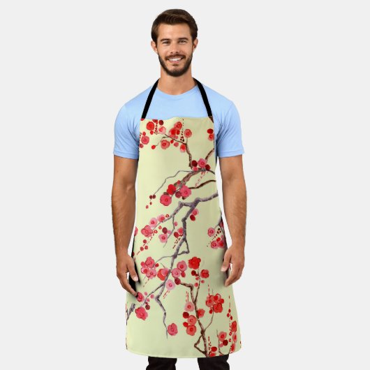 桜の花の水の色のシームレスなパターン エプロン (着用した状態)