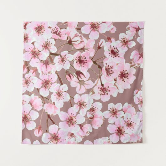 桜の花の水彩シームレスパターン タペストリー (正面)