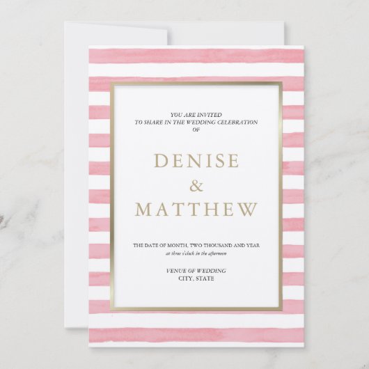 桜の花の水彩ストライプ & ゴールドの文字入れ 招待状 (正面)