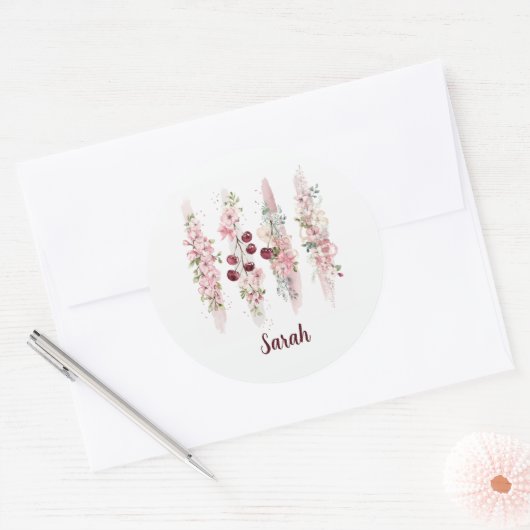 桜の花の水彩デザイン - お名前を入れて ラウンドシール (封筒)