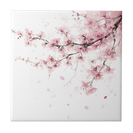 桜の花の水彩フラワー ピンク タイル (正面)