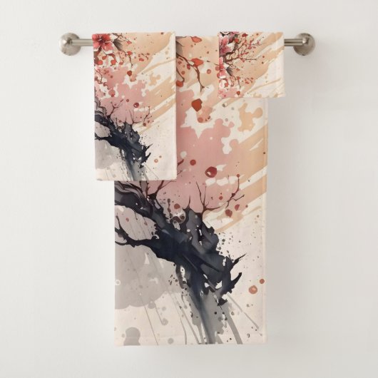 桜の花の水彩画 ピンクと赤の花 バスタオルセット (インサイチュ)
