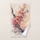 桜の花の水彩画 ピンクと赤の花 バスタオルセット (ハンドタオル)