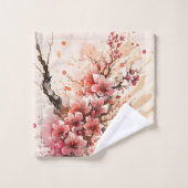 桜の花の水彩画 ピンクと赤の花 バスタオルセット (ウォッシュタオル)