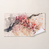 桜の花の水彩画 ピンクと赤の花 バスタオルセット (ハンドタオル)