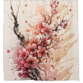 桜の花の水彩画 ピンク 赤 花 シャワーカーテン (正面)