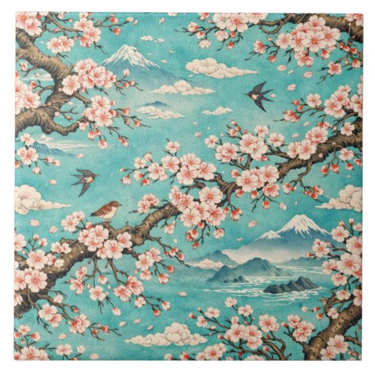 桜の花の浮世絵セラミックタイル タイル (正面)