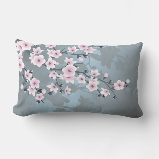 桜の花の淡いピンクと青 ランバークッション (正面)