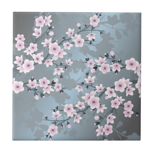 桜の花の淡いピンクと slate blue の花柄 タイル (正面)