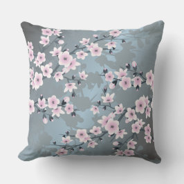 桜の花の淡いピンク 灰青色 花 クッション