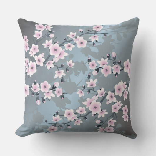 桜の花の淡いピンク 灰青色 花 クッション (正面)