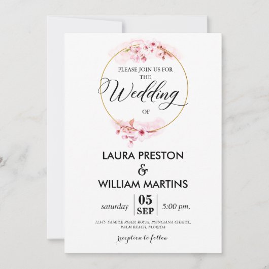 桜の花の花のリースの結婚式招待状 招待状 (正面)