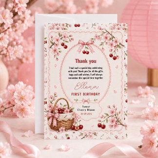 桜の花の1歳の誕生日お祝い女の子パーティー サンキューカード