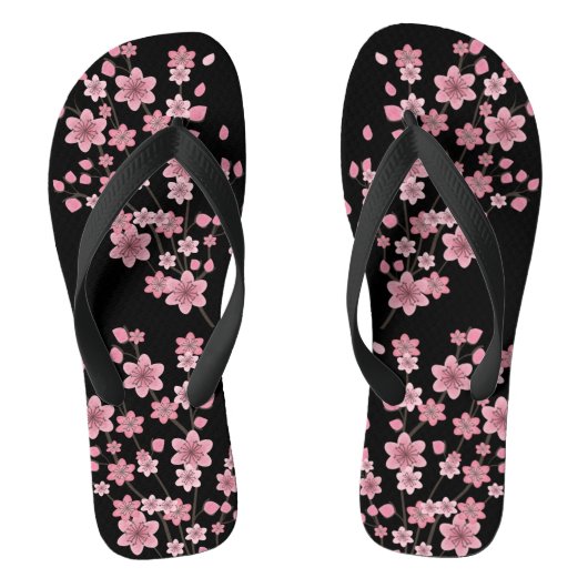 桜の花びら 樹木 ピンク 黒 ビーチサンダル (フットベッド)