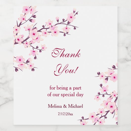 桜の花ピンクの白い感謝のウェディング ワインラベル (シングルラベル)