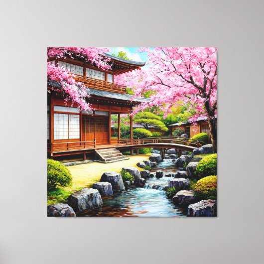 桜の花咲く伝統的な日本庭園 キャンバスプリント (正面)