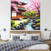 桜の花咲く伝統的な日本庭園 キャンバスプリント (インサイチュ (寝室))