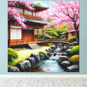 桜の花咲く伝統的な日本庭園 キャンバスプリント (インサイチュ (ウッドフロア))