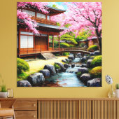 桜の花咲く伝統的な日本庭園 キャンバスプリント (インサイチュ (リビング))